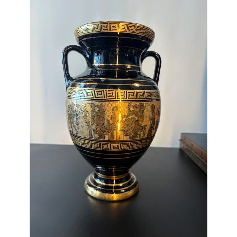 Greek Vases Pair 24K Gold Hand Made Greece Spyropoulos Black Amphora Figures